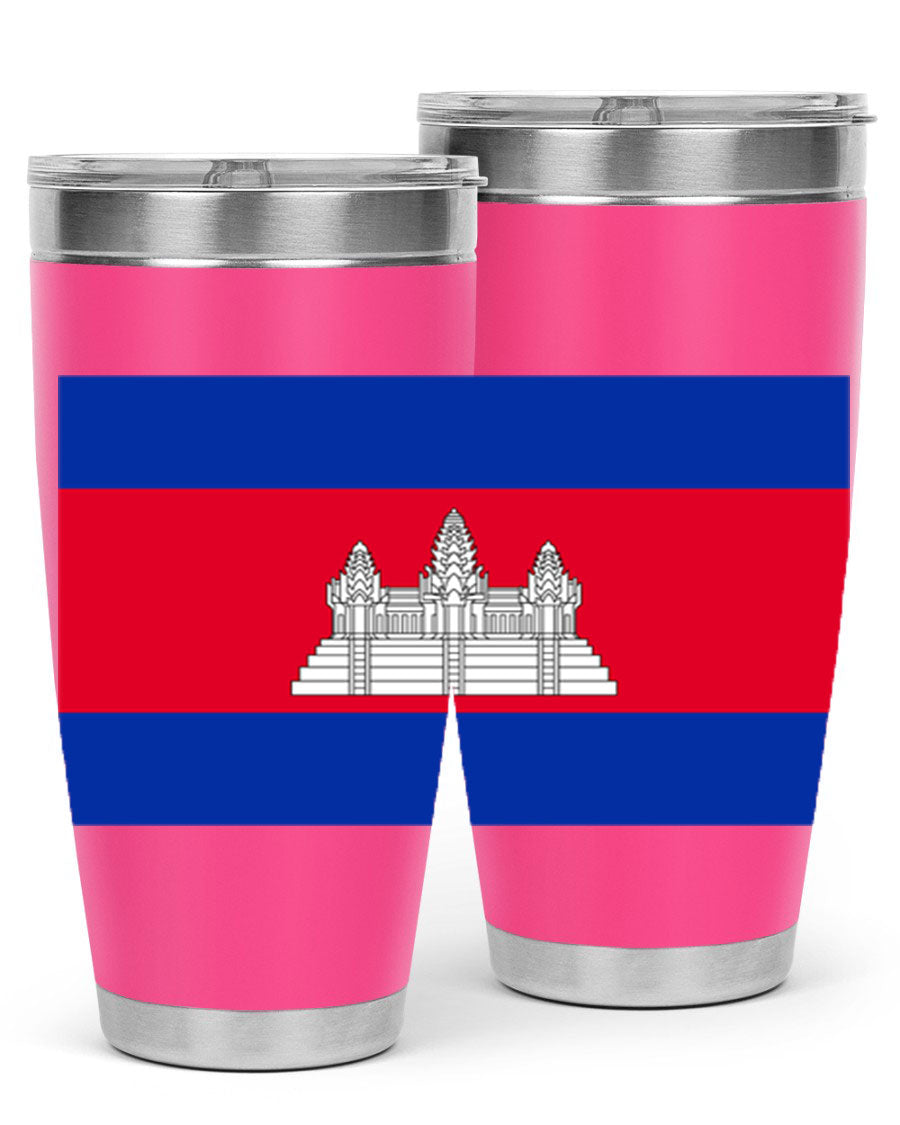 Cambodia 168# Tumbler featuring the Cambodian flag design, made of stainless steel with a drink-thru lid.