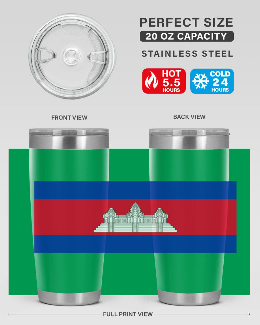 Cambodia 168# Tumbler featuring the Cambodian flag design, made of stainless steel with a drink-thru lid.