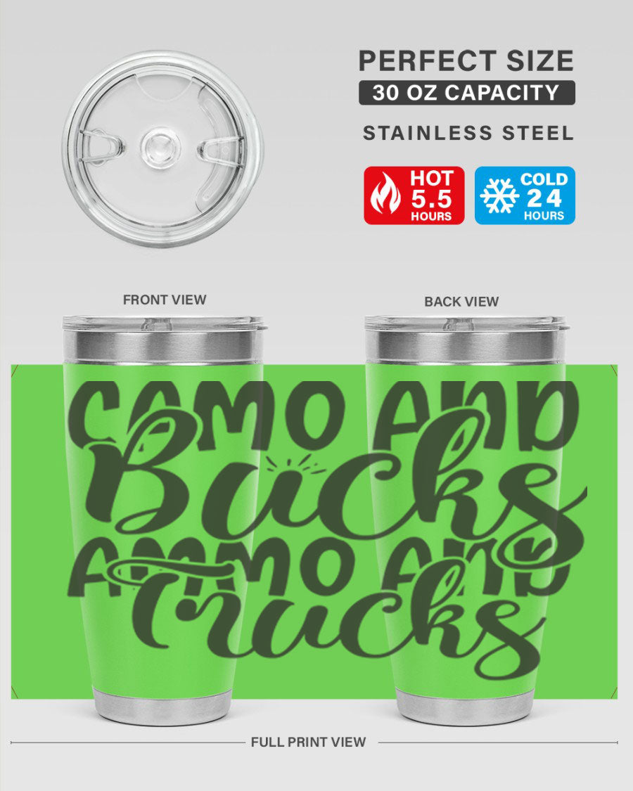 Camo and bucks ammo and trucks 18# tumbler showcasing a double wall vacuum stainless steel design with a drink-thru lid, perfect for outdoor adventures.