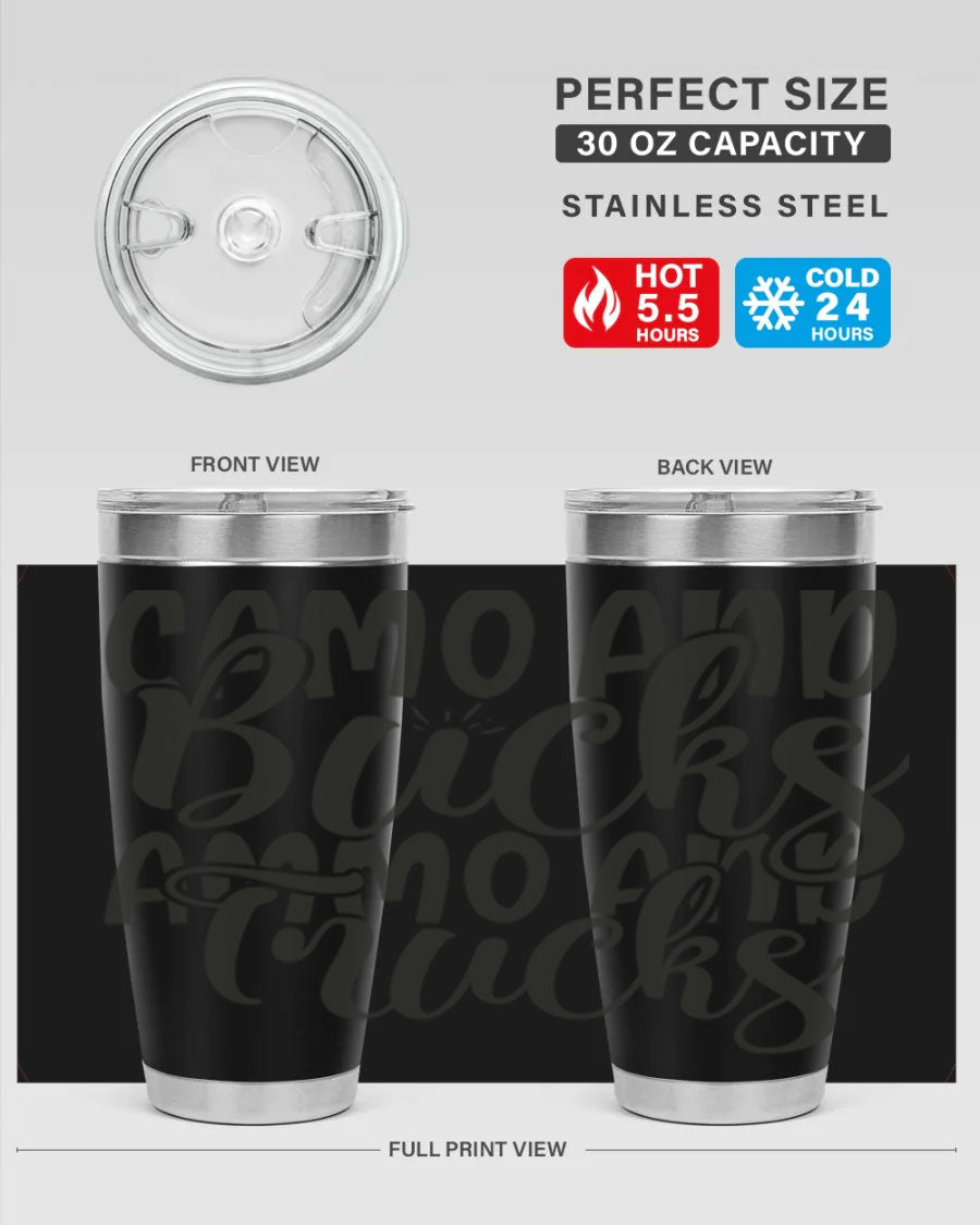 Camo and bucks ammo and trucks 18# tumbler showcasing a double wall vacuum stainless steel design with a drink-thru lid, perfect for outdoor adventures.