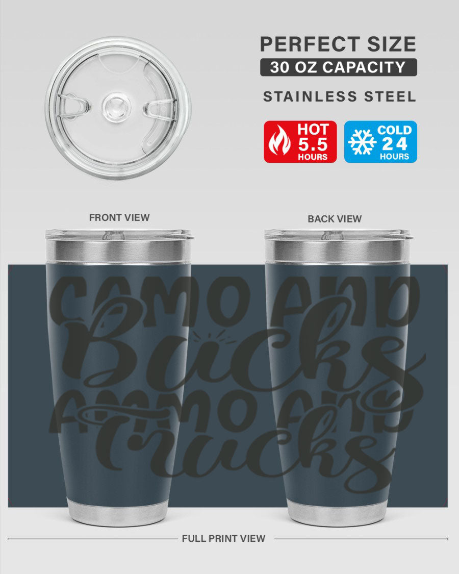 Camo and bucks ammo and trucks 18# tumbler showcasing a double wall vacuum stainless steel design with a drink-thru lid, perfect for outdoor adventures.