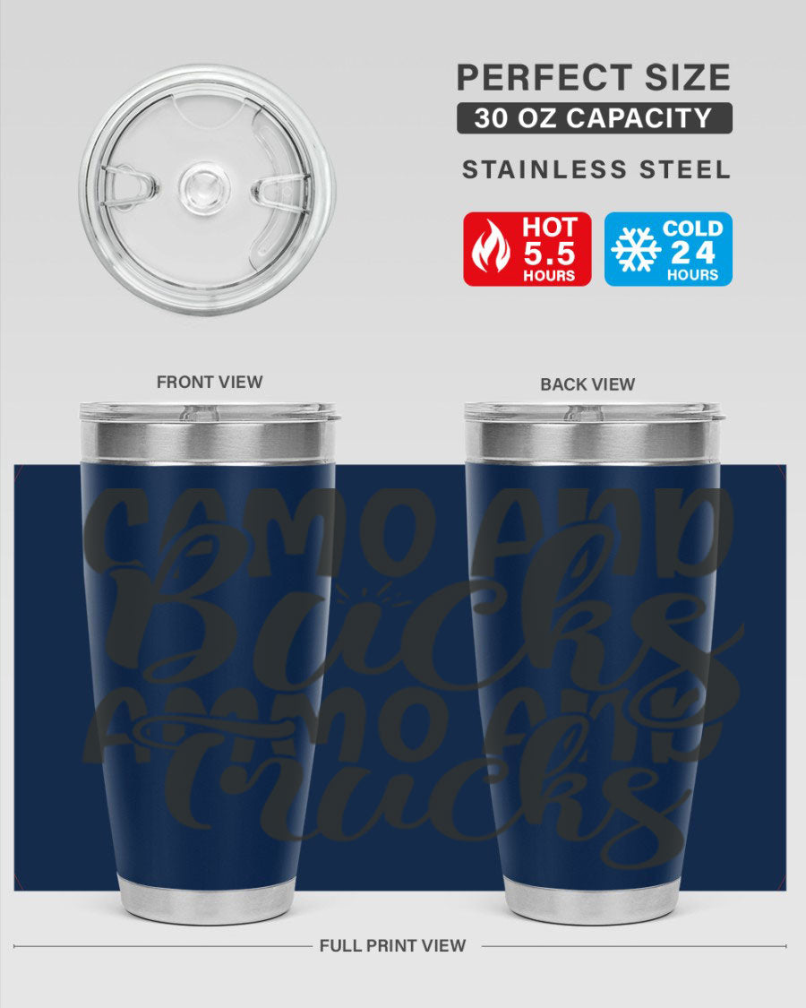 Camo and bucks ammo and trucks 18# tumbler showcasing a double wall vacuum stainless steel design with a drink-thru lid, perfect for outdoor adventures.