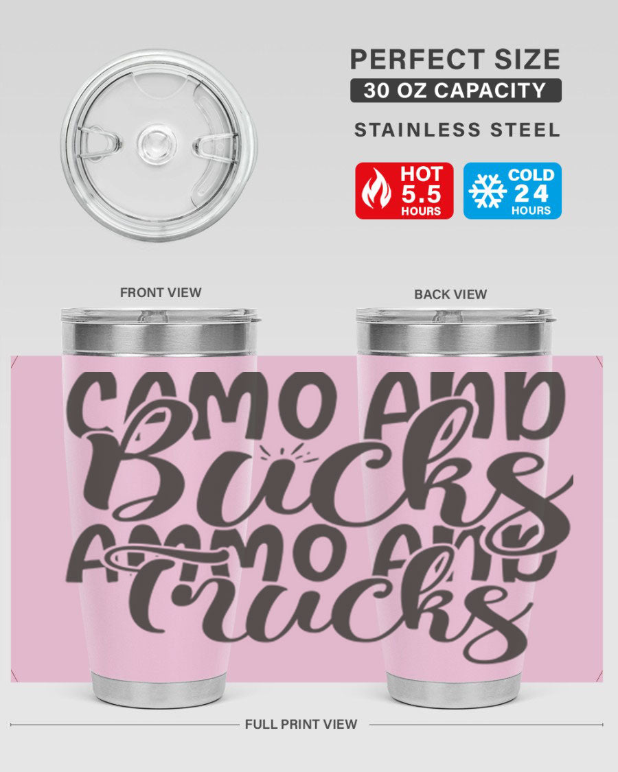 Camo and bucks ammo and trucks 18# tumbler showcasing a double wall vacuum stainless steel design with a drink-thru lid, perfect for outdoor adventures.