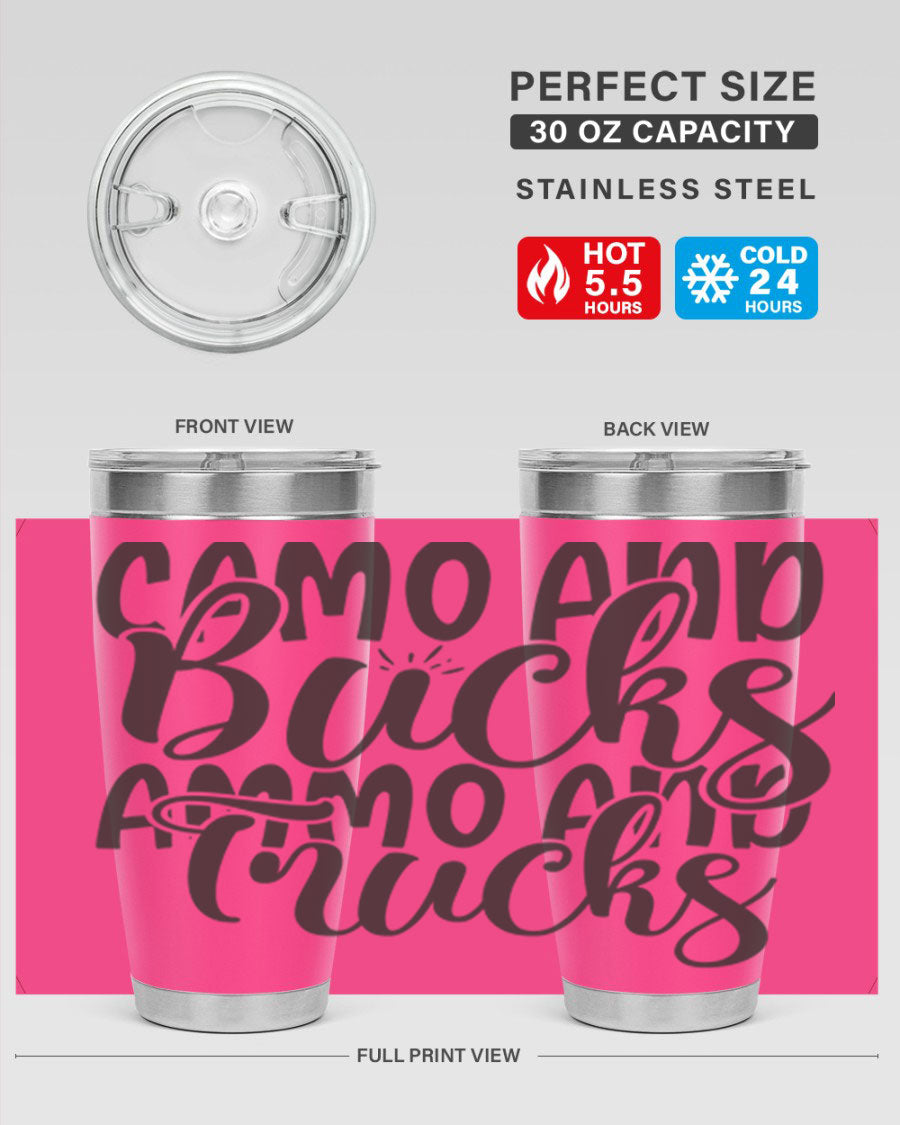 Camo and bucks ammo and trucks 18# tumbler showcasing a double wall vacuum stainless steel design with a drink-thru lid, perfect for outdoor adventures.