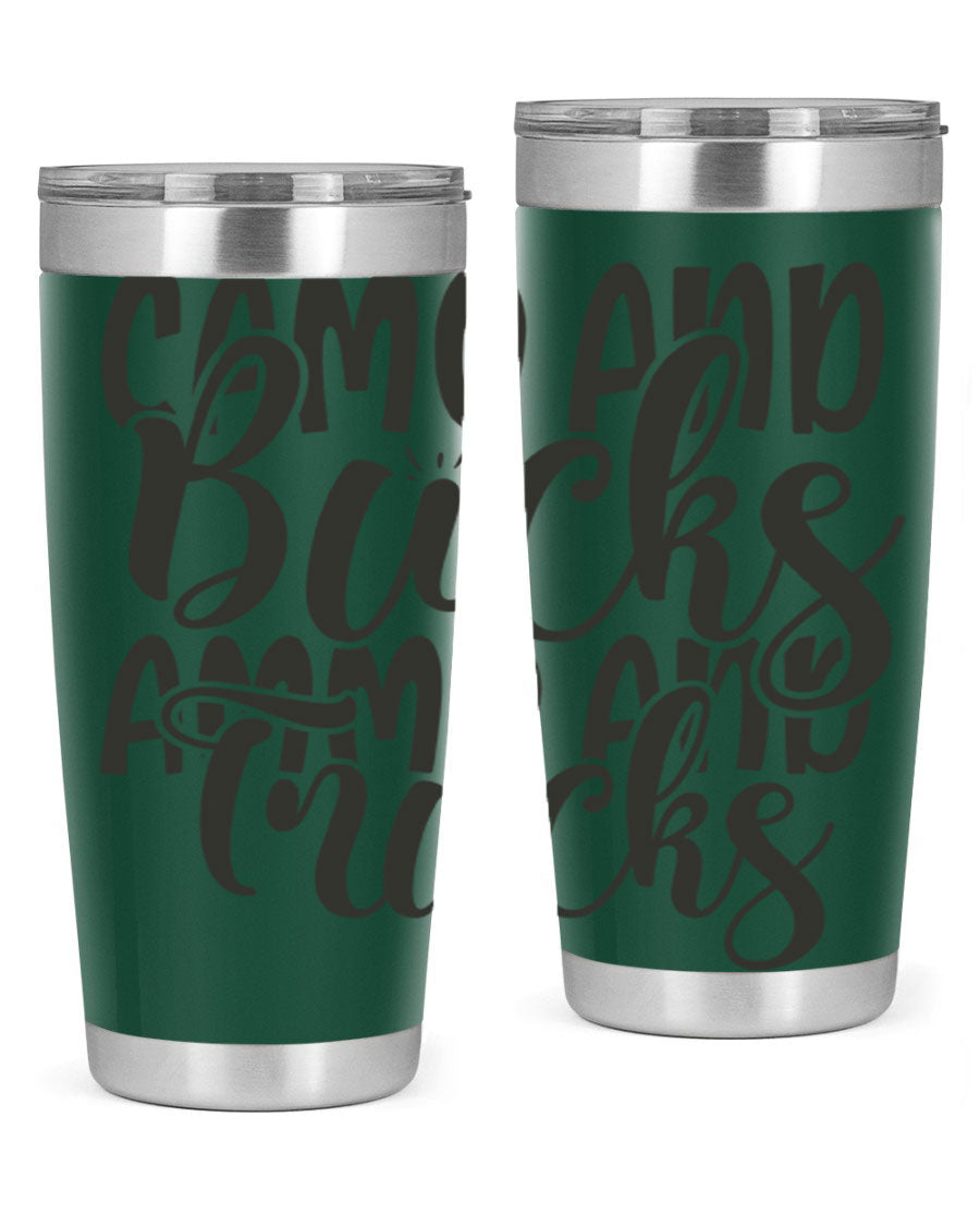 Camo and bucks ammo and trucks 18# tumbler showcasing a double wall vacuum stainless steel design with a drink-thru lid, perfect for outdoor adventures.