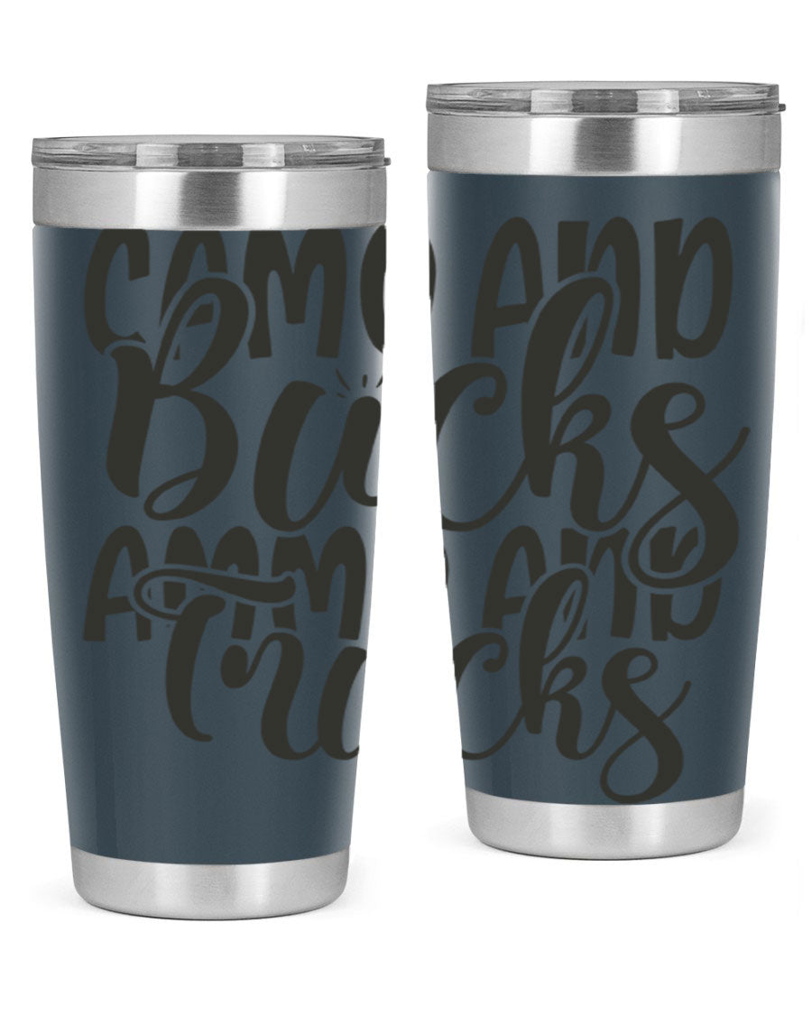 Camo and bucks ammo and trucks 18# tumbler showcasing a double wall vacuum stainless steel design with a drink-thru lid, perfect for outdoor adventures.