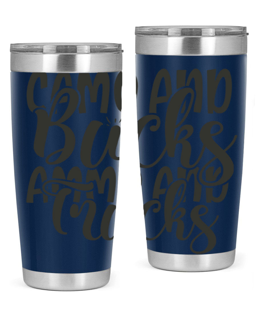 Camo and bucks ammo and trucks 18# tumbler showcasing a double wall vacuum stainless steel design with a drink-thru lid, perfect for outdoor adventures.