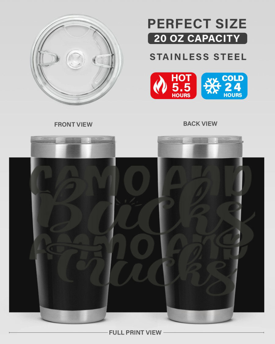 Camo and bucks ammo and trucks 18# tumbler showcasing a double wall vacuum stainless steel design with a drink-thru lid, perfect for outdoor adventures.