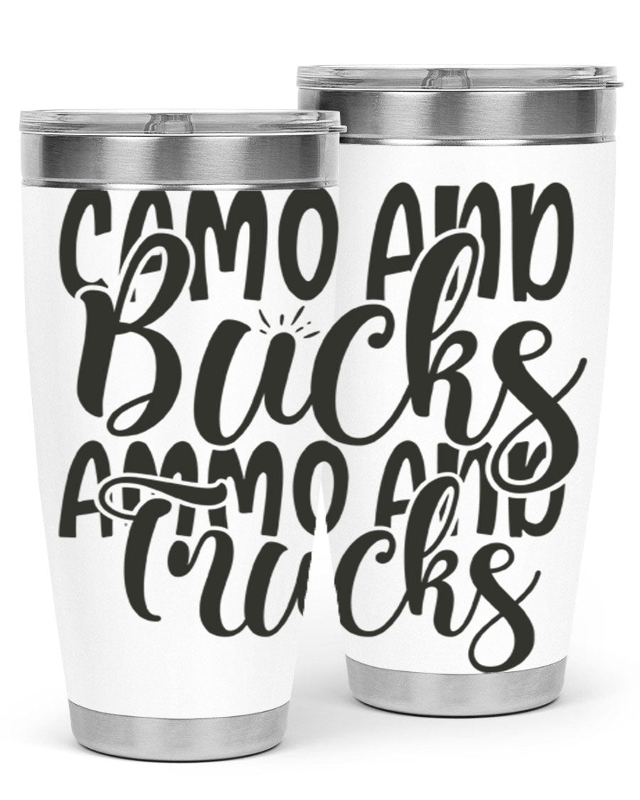 Camo and bucks ammo and trucks 18# tumbler showcasing a double wall vacuum stainless steel design with a drink-thru lid, perfect for outdoor adventures.