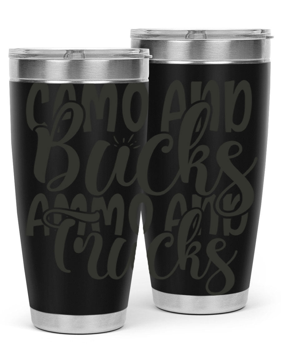 Camo and bucks ammo and trucks 18# tumbler showcasing a double wall vacuum stainless steel design with a drink-thru lid, perfect for outdoor adventures.