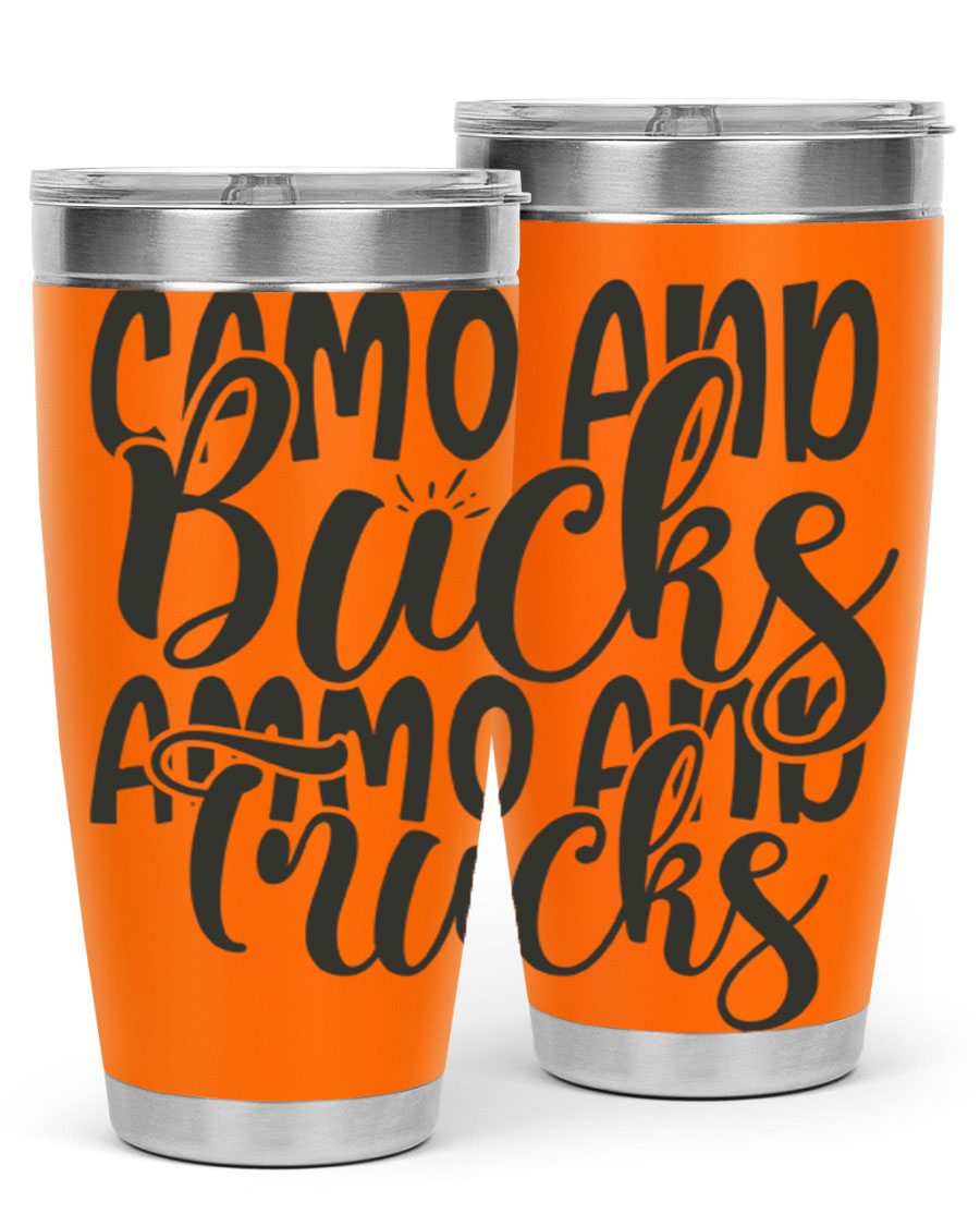 Camo and bucks ammo and trucks 18# tumbler showcasing a double wall vacuum stainless steel design with a drink-thru lid, perfect for outdoor adventures.