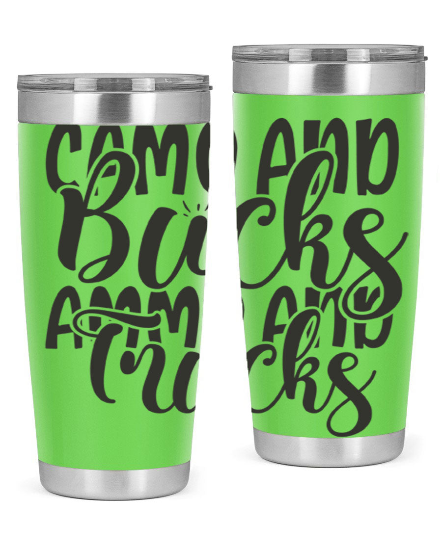 Camo and bucks ammo and trucks 18# tumbler showcasing a double wall vacuum stainless steel design with a drink-thru lid, perfect for outdoor adventures.