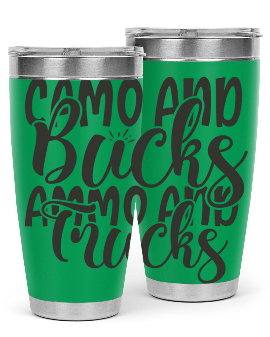 Camo and bucks ammo and trucks 18# tumbler showcasing a double wall vacuum stainless steel design with a drink-thru lid, perfect for outdoor adventures.