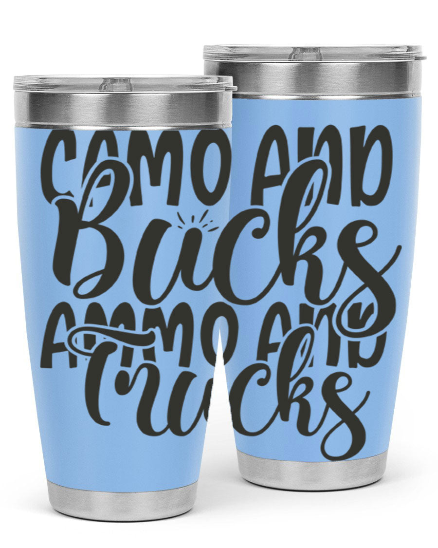 Camo and bucks ammo and trucks 18# tumbler showcasing a double wall vacuum stainless steel design with a drink-thru lid, perfect for outdoor adventures.