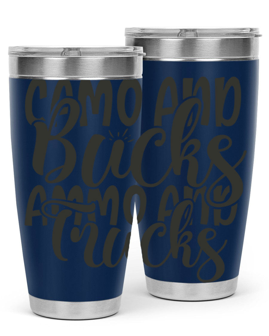 Camo and bucks ammo and trucks 18# tumbler showcasing a double wall vacuum stainless steel design with a drink-thru lid, perfect for outdoor adventures.