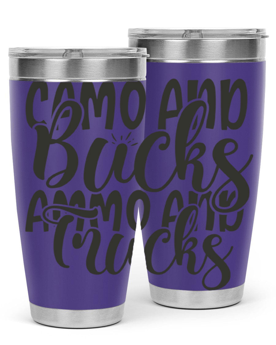 Camo and bucks ammo and trucks 18# tumbler showcasing a double wall vacuum stainless steel design with a drink-thru lid, perfect for outdoor adventures.