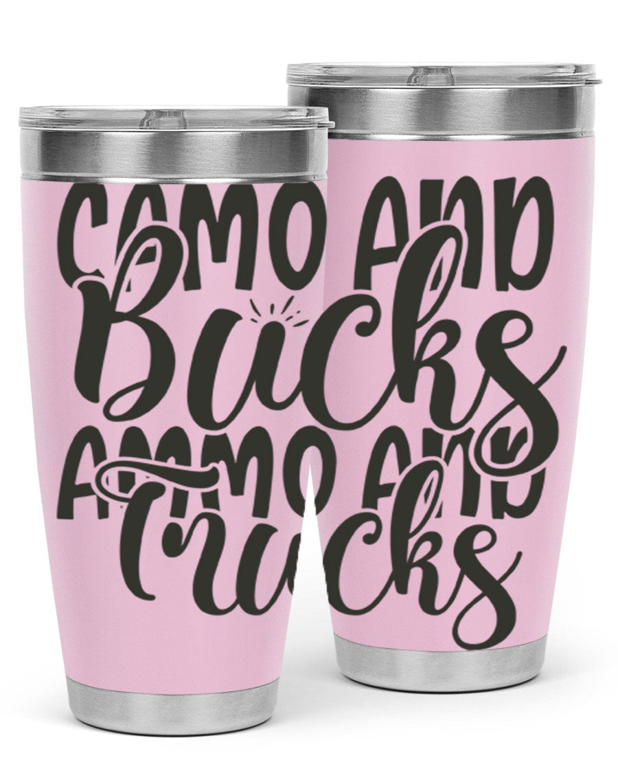 Camo and bucks ammo and trucks 18# tumbler showcasing a double wall vacuum stainless steel design with a drink-thru lid, perfect for outdoor adventures.