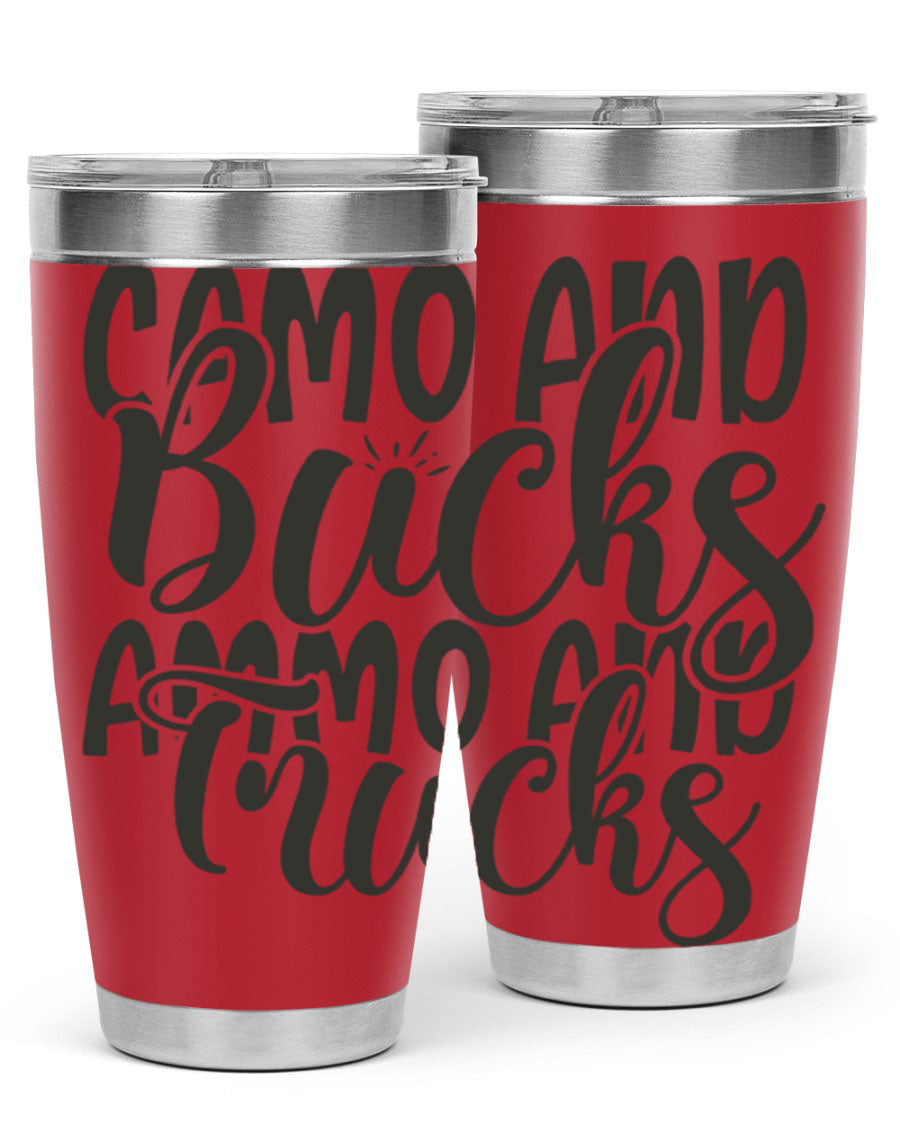 Camo and bucks ammo and trucks 18# tumbler showcasing a double wall vacuum stainless steel design with a drink-thru lid, perfect for outdoor adventures.