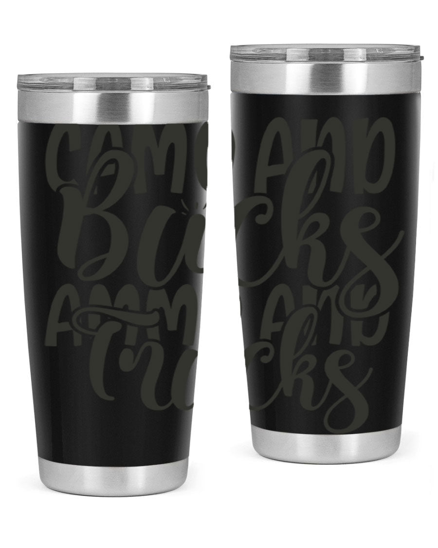 Camo and bucks ammo and trucks 18# tumbler showcasing a double wall vacuum stainless steel design with a drink-thru lid, perfect for outdoor adventures.