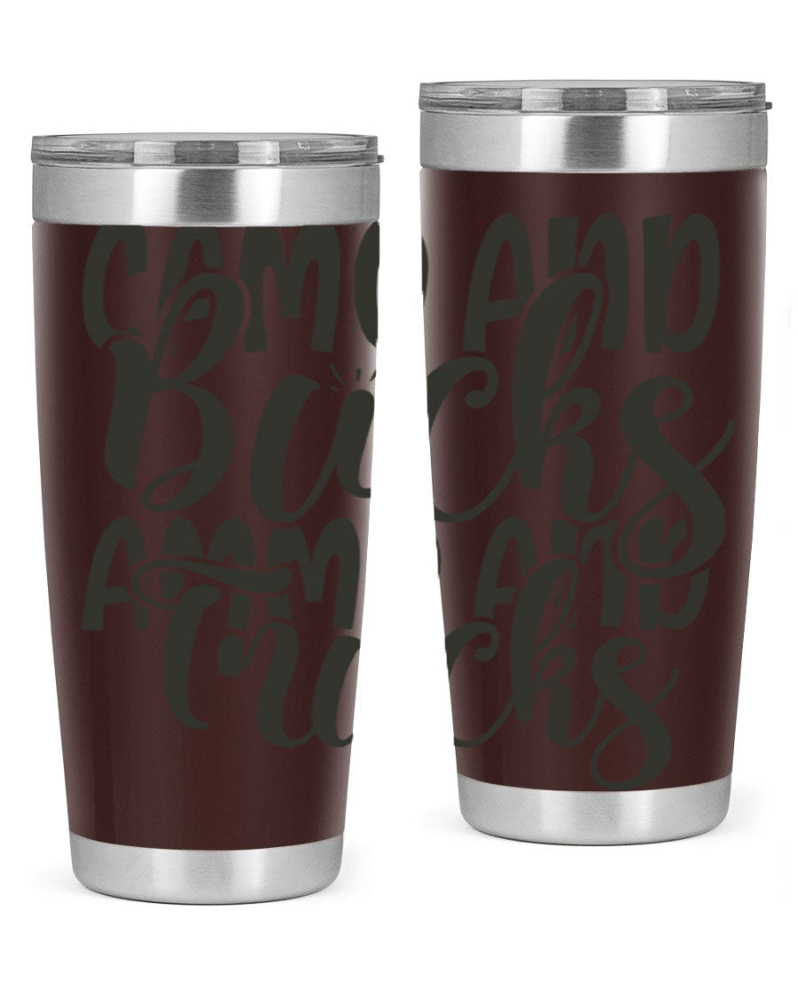 Camo and bucks ammo and trucks 18# tumbler showcasing a double wall vacuum stainless steel design with a drink-thru lid, perfect for outdoor adventures.