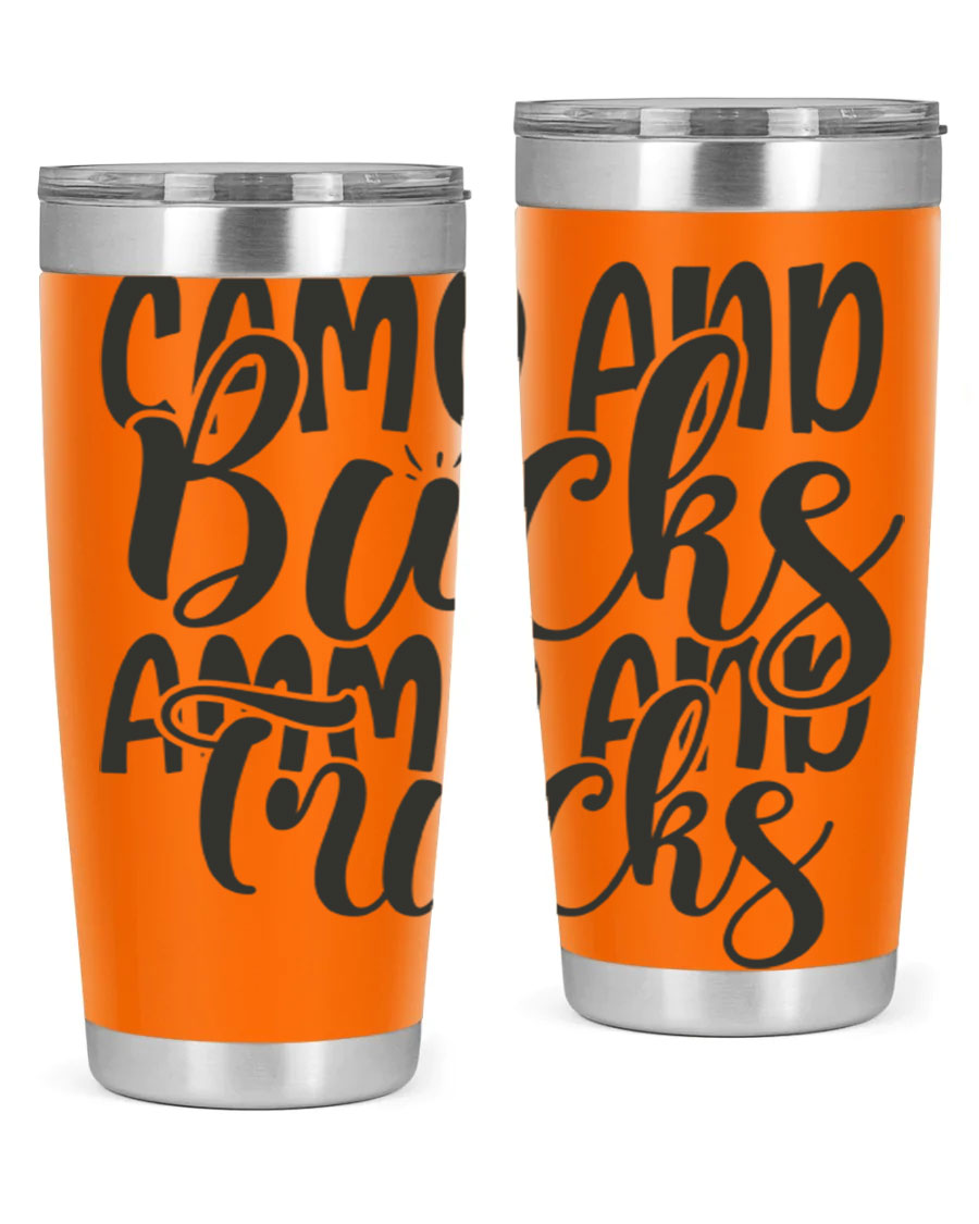 Camo and bucks ammo and trucks 18# tumbler showcasing a double wall vacuum stainless steel design with a drink-thru lid, perfect for outdoor adventures.