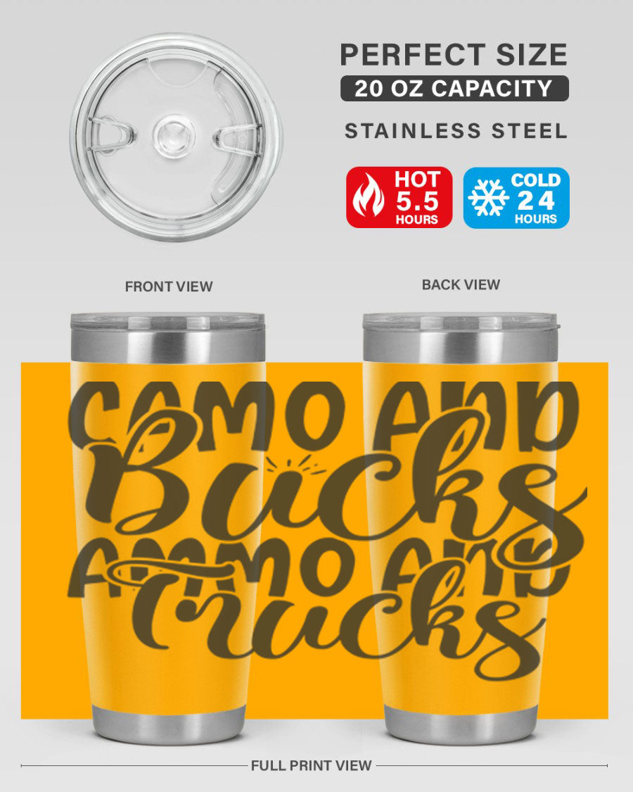 Camo and bucks ammo and trucks 18# tumbler showcasing a double wall vacuum stainless steel design with a drink-thru lid, perfect for outdoor adventures.