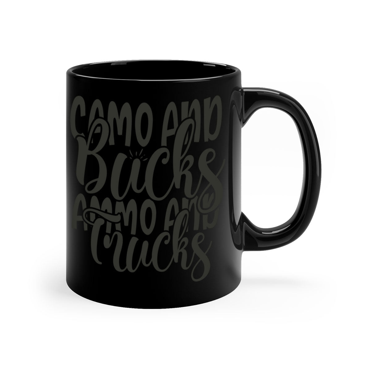 Camo and bucks ammo and trucks 18# hunting mug with glossy finish and colored handle, available in multiple sizes.