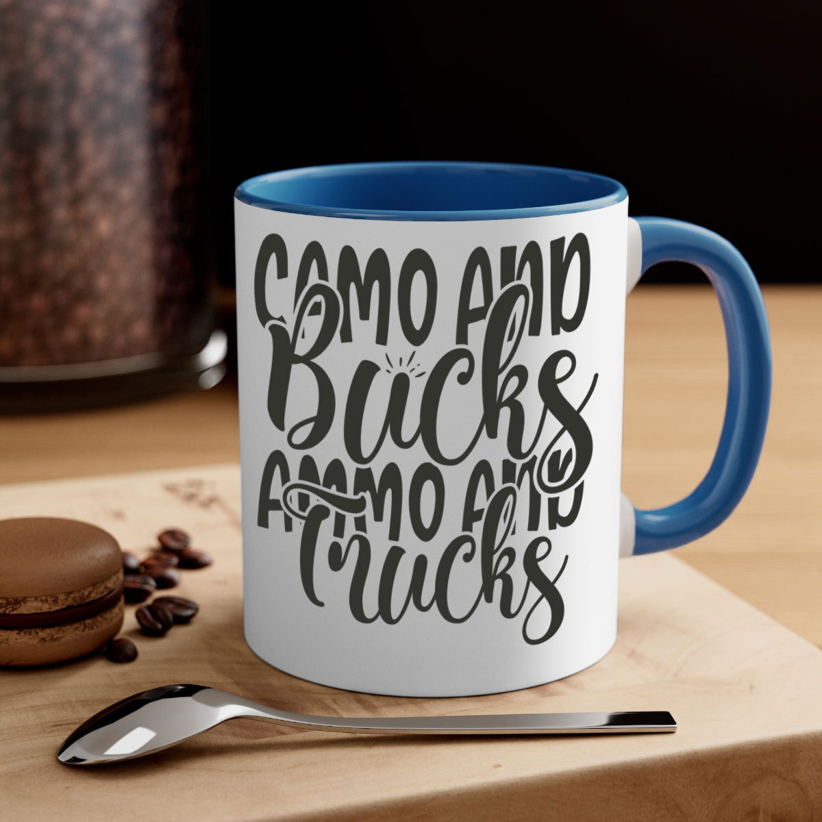 Camo and bucks ammo and trucks 18# hunting mug with glossy finish and colored handle, available in multiple sizes.