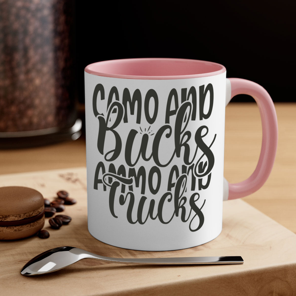 Camo and bucks ammo and trucks 18# hunting mug with glossy finish and colored handle, available in multiple sizes.