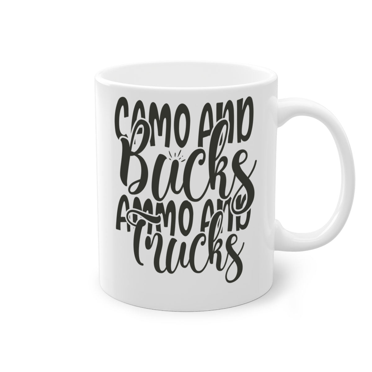 Camo and bucks ammo and trucks 18# hunting mug with glossy finish and colored handle, available in multiple sizes.