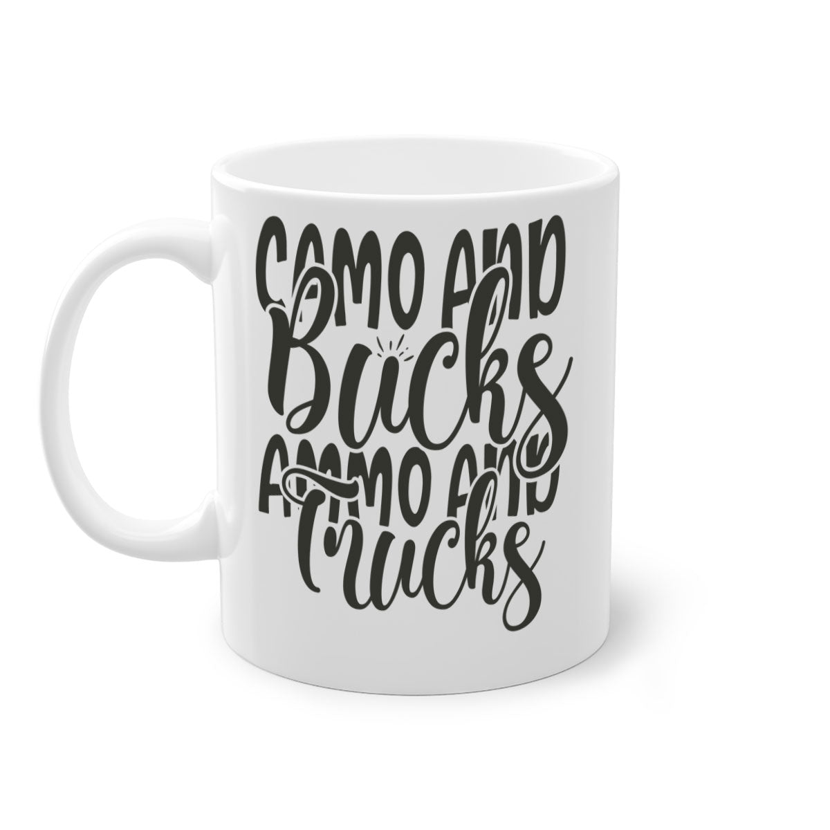 Camo and bucks ammo and trucks 18# hunting mug with glossy finish and colored handle, available in multiple sizes.