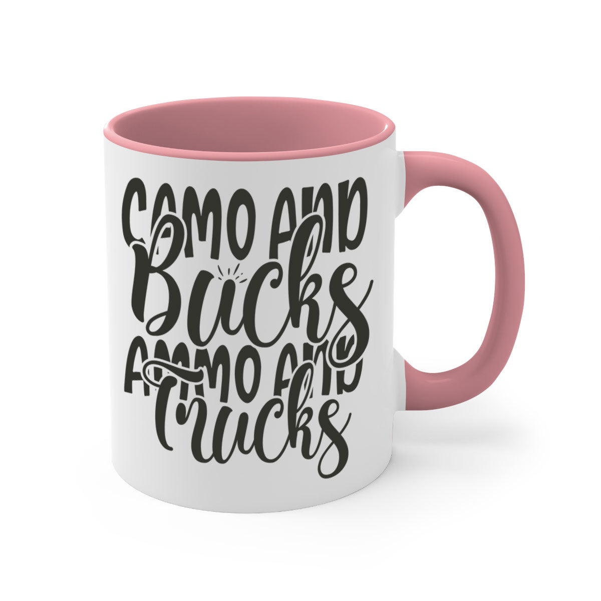 Camo and bucks ammo and trucks 18# hunting mug with glossy finish and colored handle, available in multiple sizes.