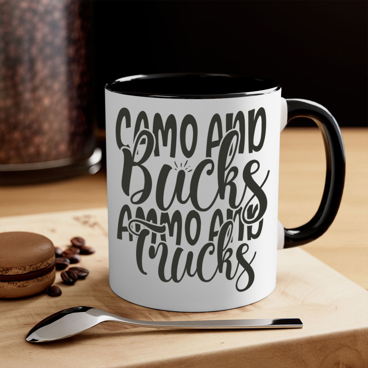 Camo and bucks ammo and trucks 18# hunting mug with glossy finish and colored handle, available in multiple sizes.