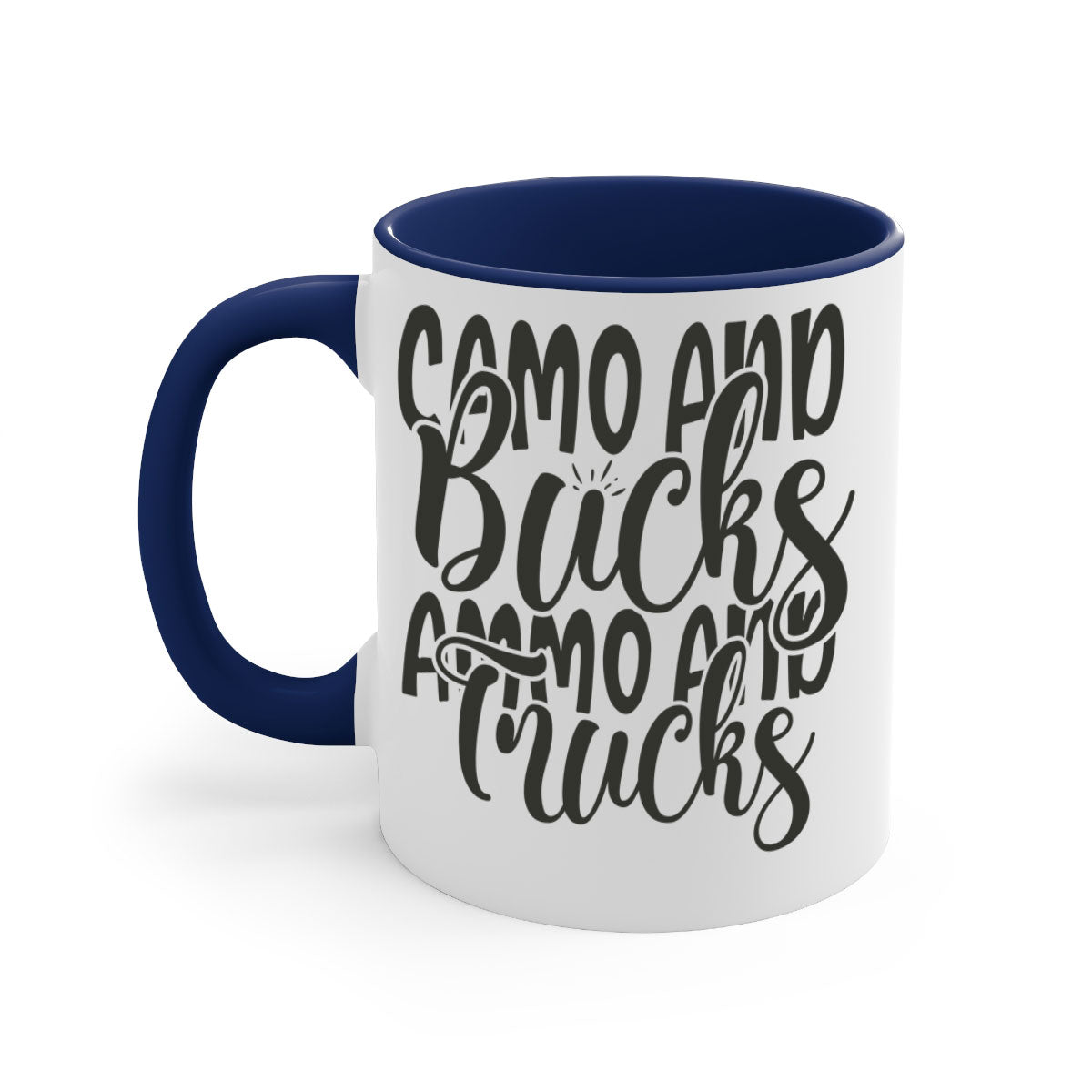 Camo and bucks ammo and trucks 18# hunting mug with glossy finish and colored handle, available in multiple sizes.