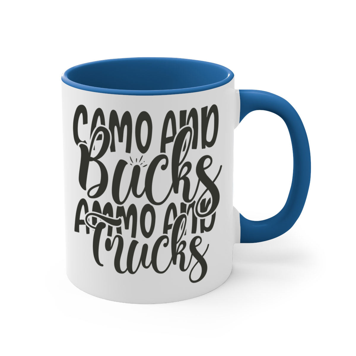 Camo and bucks ammo and trucks 18# hunting mug with glossy finish and colored handle, available in multiple sizes.