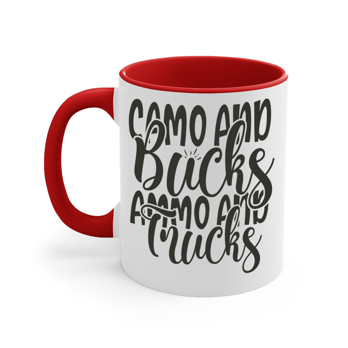 Camo and bucks ammo and trucks 18# hunting mug with glossy finish and colored handle, available in multiple sizes.