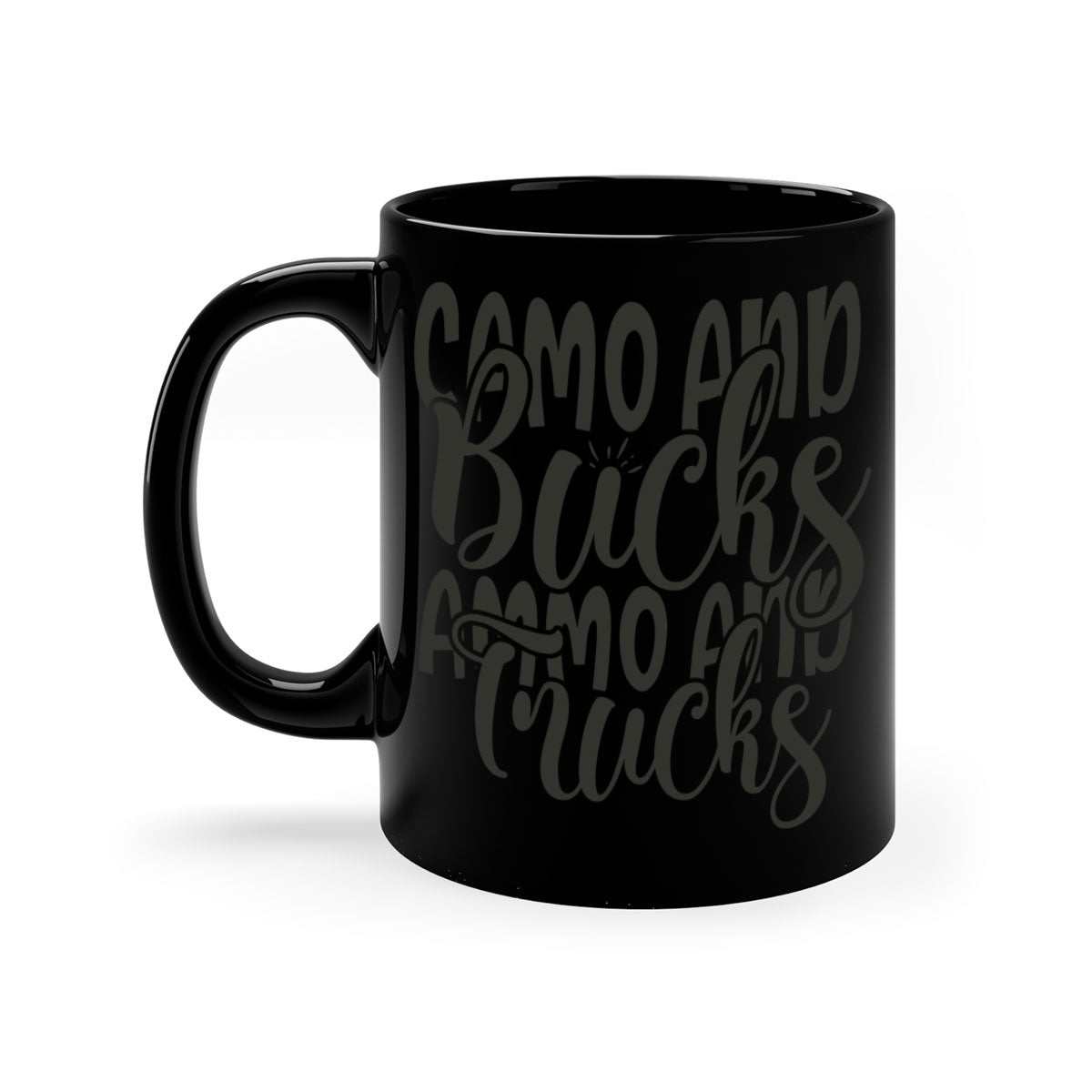 Camo and bucks ammo and trucks 18# hunting mug with glossy finish and colored handle, available in multiple sizes.