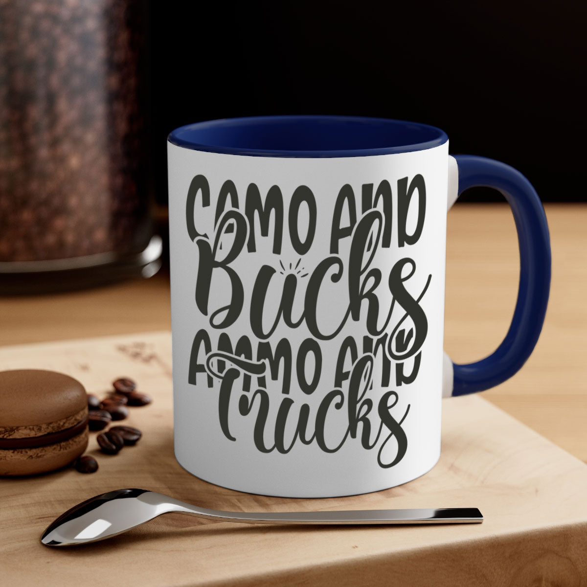 Camo and bucks ammo and trucks 18# hunting mug with glossy finish and colored handle, available in multiple sizes.