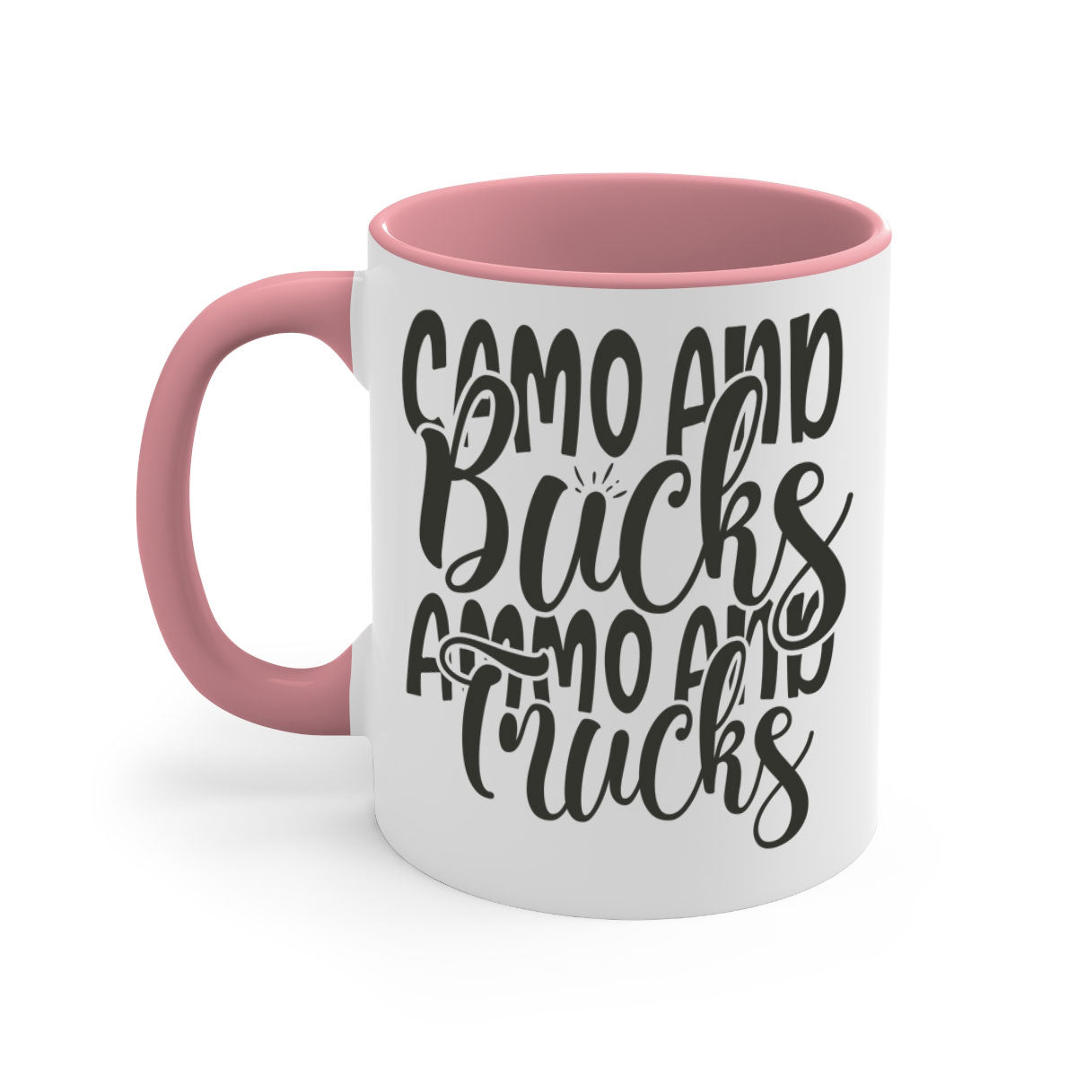 Camo and bucks ammo and trucks 18# hunting mug with glossy finish and colored handle, available in multiple sizes.