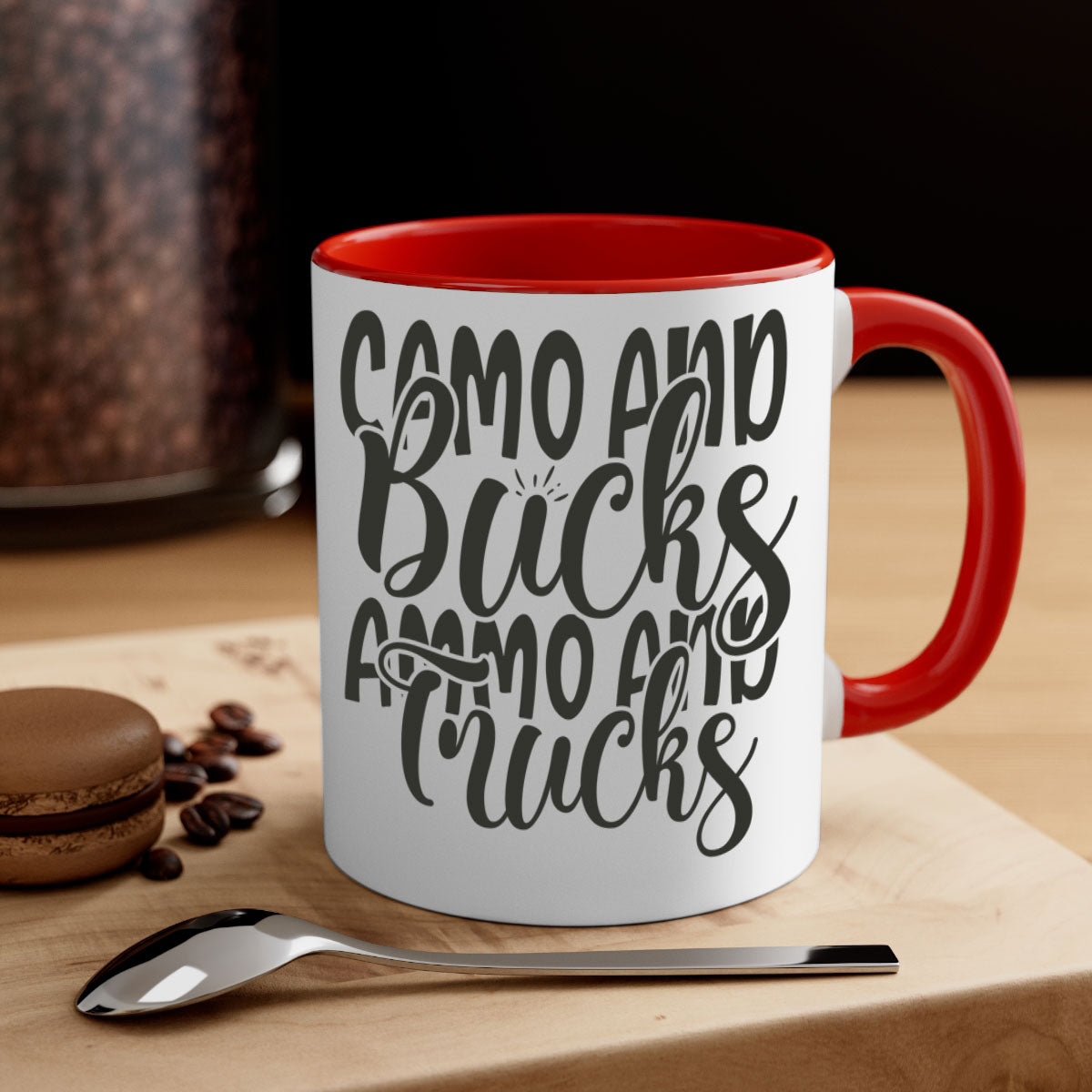 Camo and bucks ammo and trucks 18# hunting mug with glossy finish and colored handle, available in multiple sizes.