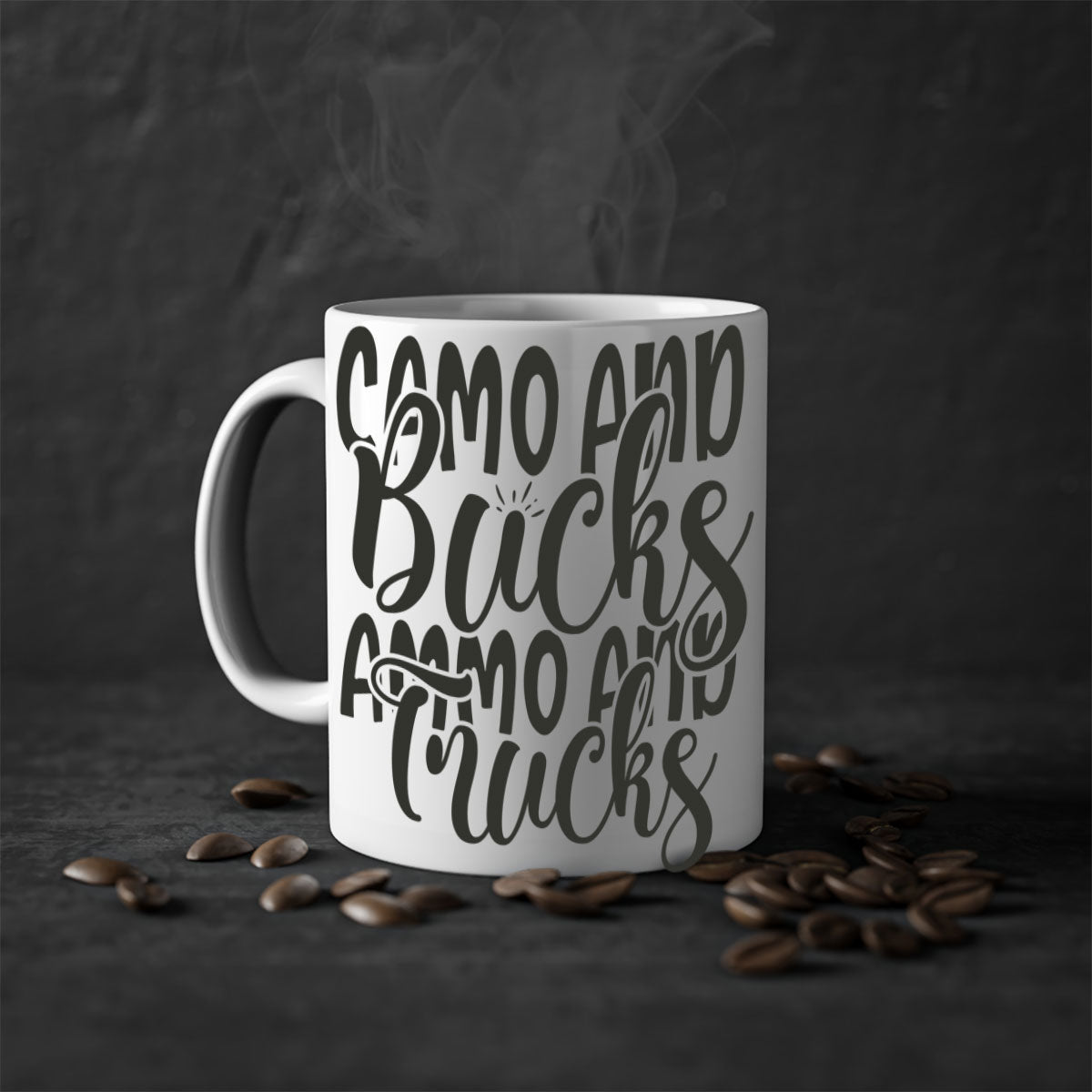 Camo and bucks ammo and trucks 18# hunting mug with glossy finish and colored handle, available in multiple sizes.