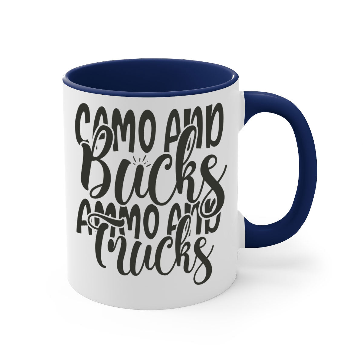 Camo and bucks ammo and trucks 18# hunting mug with glossy finish and colored handle, available in multiple sizes.