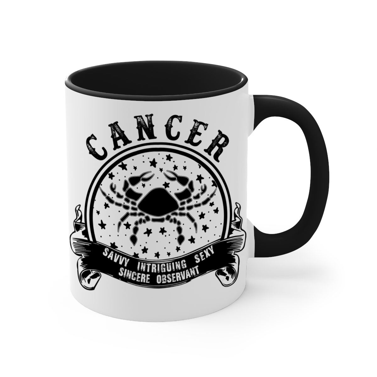 Cancer 13# Zodiac Mug with colorful handle and glossy finish, available in multiple colors and sizes.