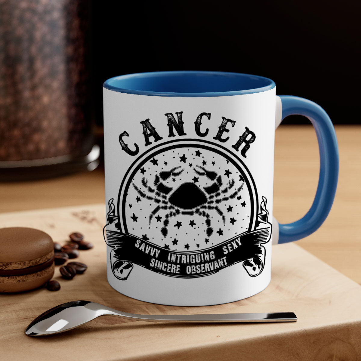 Cancer 13# Zodiac Mug with colorful handle and glossy finish, available in multiple colors and sizes.