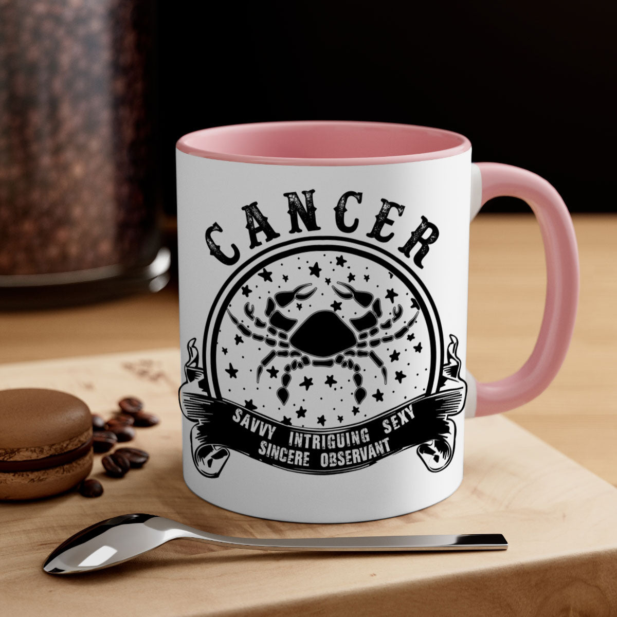 Cancer 13# Zodiac Mug with colorful handle and glossy finish, available in multiple colors and sizes.