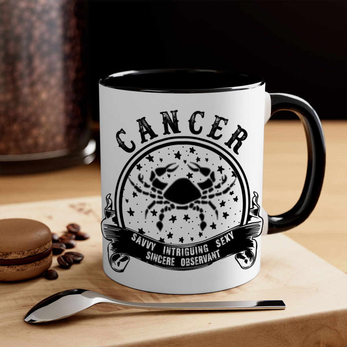 Cancer 13# Zodiac Mug with colorful handle and glossy finish, available in multiple colors and sizes.