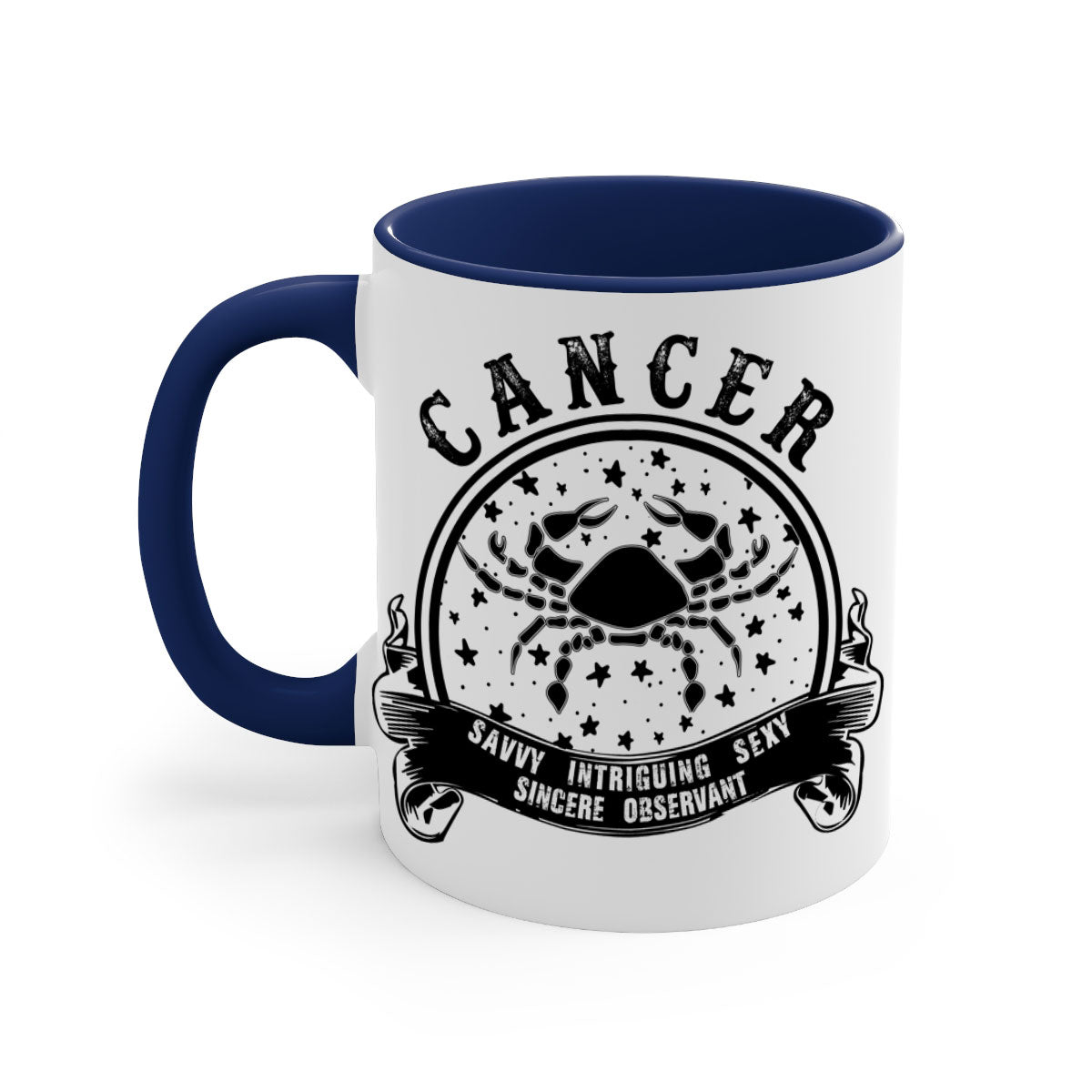 Cancer 13# Zodiac Mug with colorful handle and glossy finish, available in multiple colors and sizes.