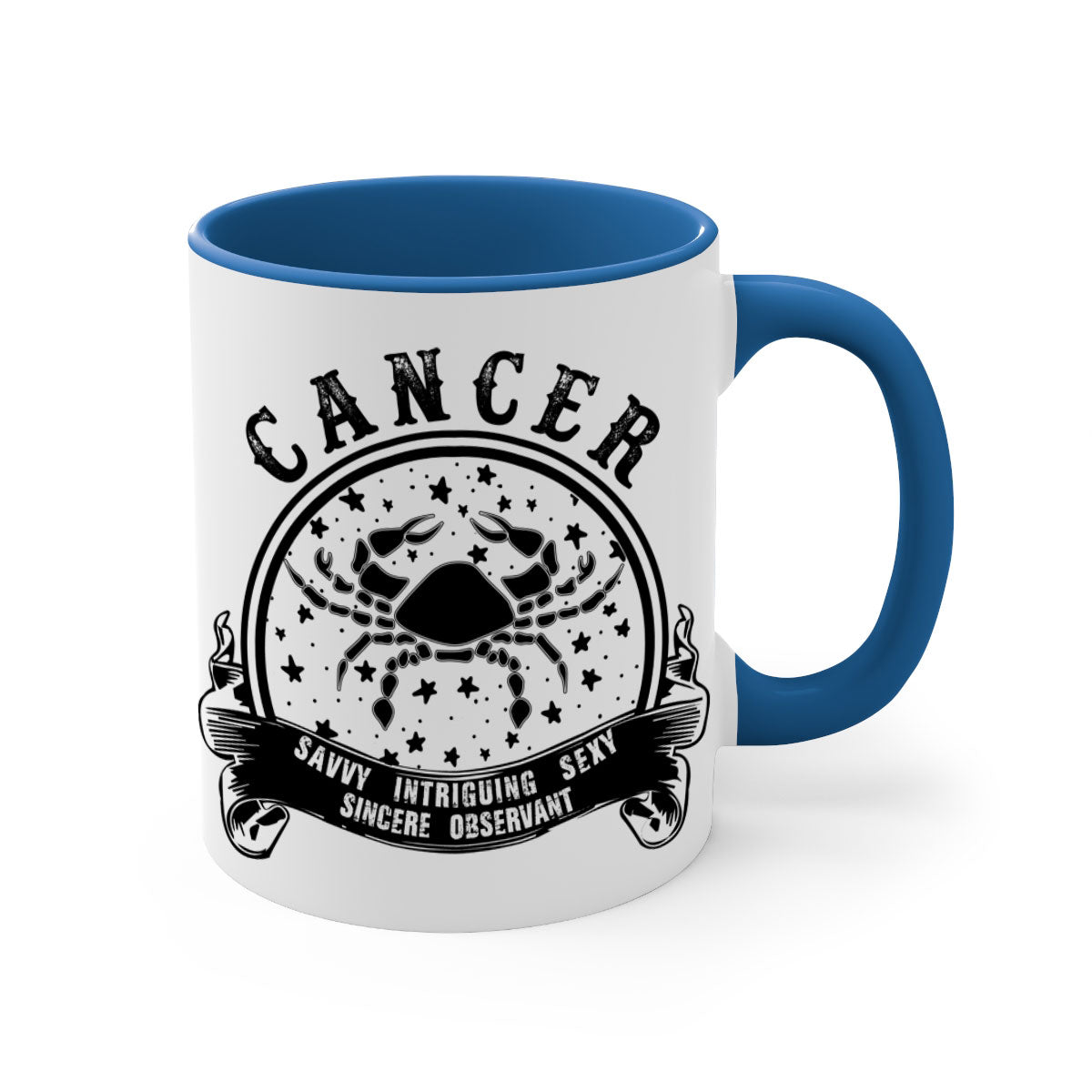 Cancer 13# Zodiac Mug with colorful handle and glossy finish, available in multiple colors and sizes.