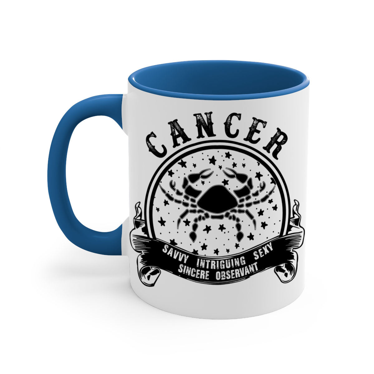 Cancer 13# Zodiac Mug with colorful handle and glossy finish, available in multiple colors and sizes.