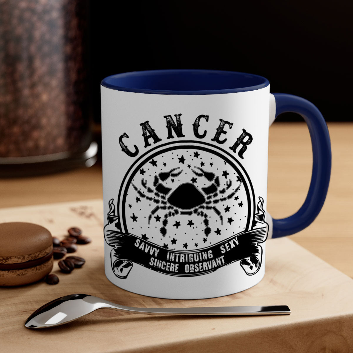 Cancer 13# Zodiac Mug with colorful handle and glossy finish, available in multiple colors and sizes.